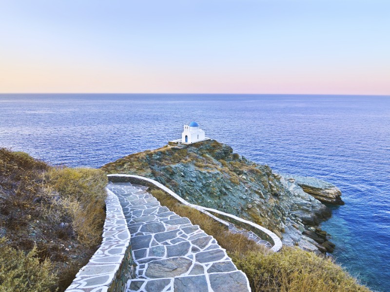 Sifnos church and the Aegean Sea, Greece