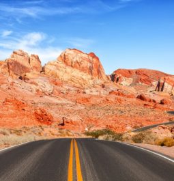 road surrounded by red rocks