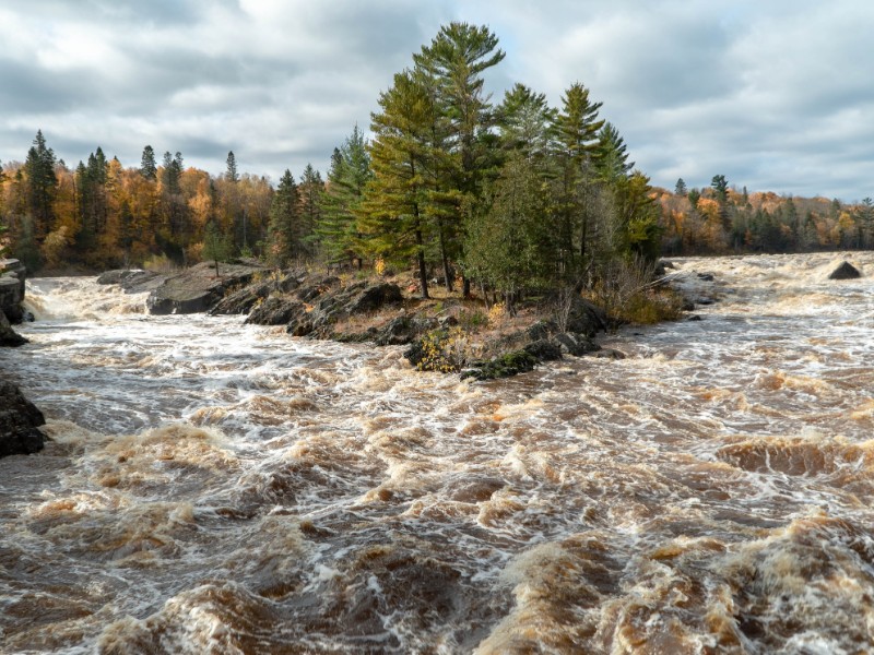 Panoramic view of the St. Louis River rapids from the swinging bridge at Jay Cooke State Park