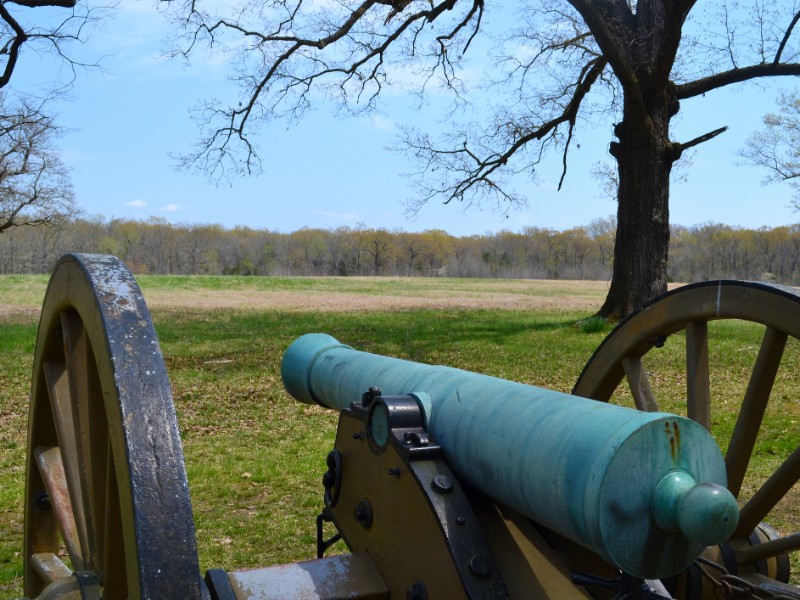 A cannon overlooks the battlefield towards the Hornet's Nest at Shiloh National Military Park