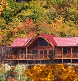 red roof lodge with gold foliage