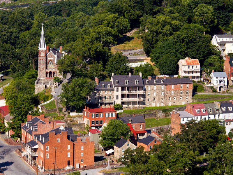 Aerial view over the National Park town of Harpers Ferry 