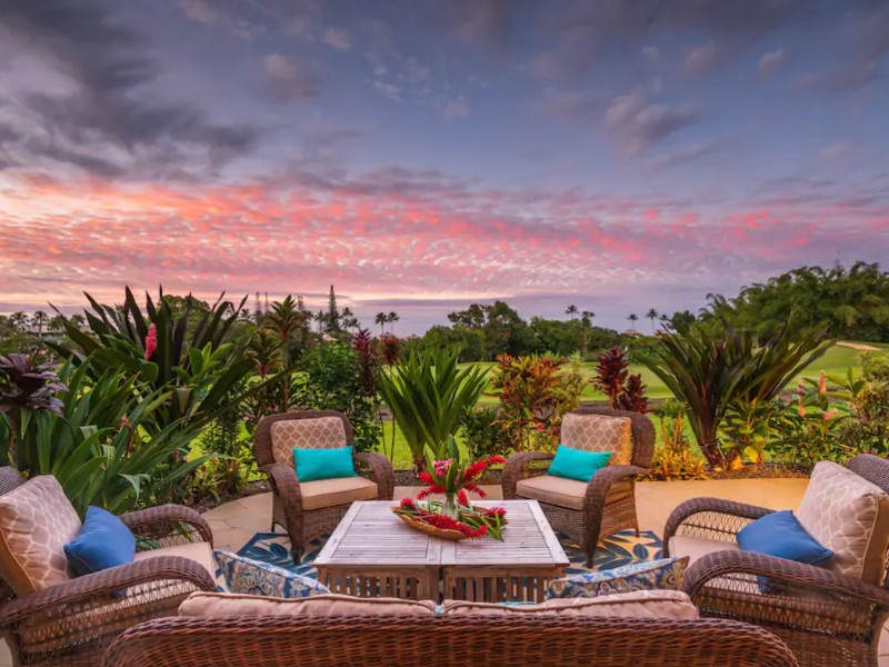 Tropical sunset from the furnished patio at Princeville, Kauai house