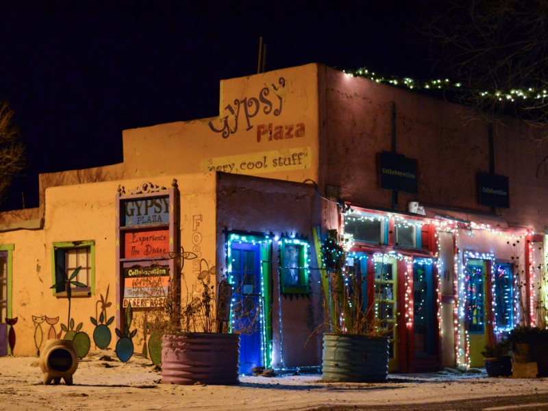 Gypsy Plaza in Madrid New Mexico at night during the Christmas Seasonal Holiday.