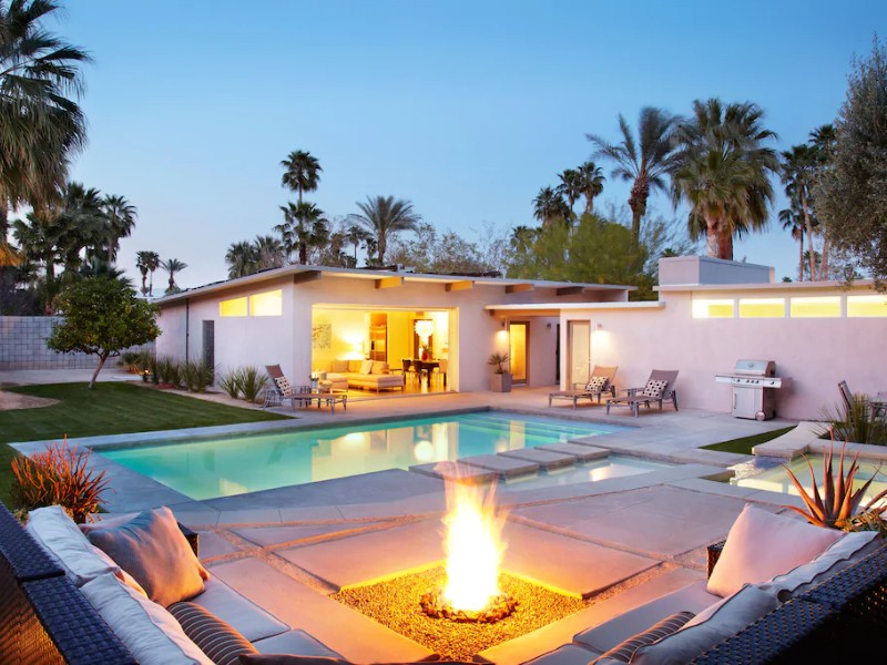 Fire and pool at Private Meiselman Mid-Century Modern with Views and Stunning Saltwater Pool