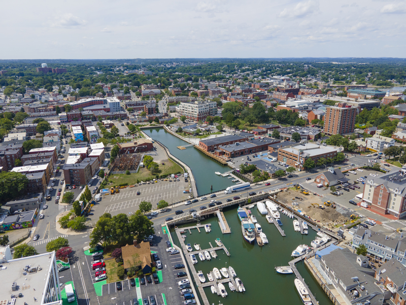 Aerial view of Salem historic city center and Salem Harbor in City of Salem, Massachusetts