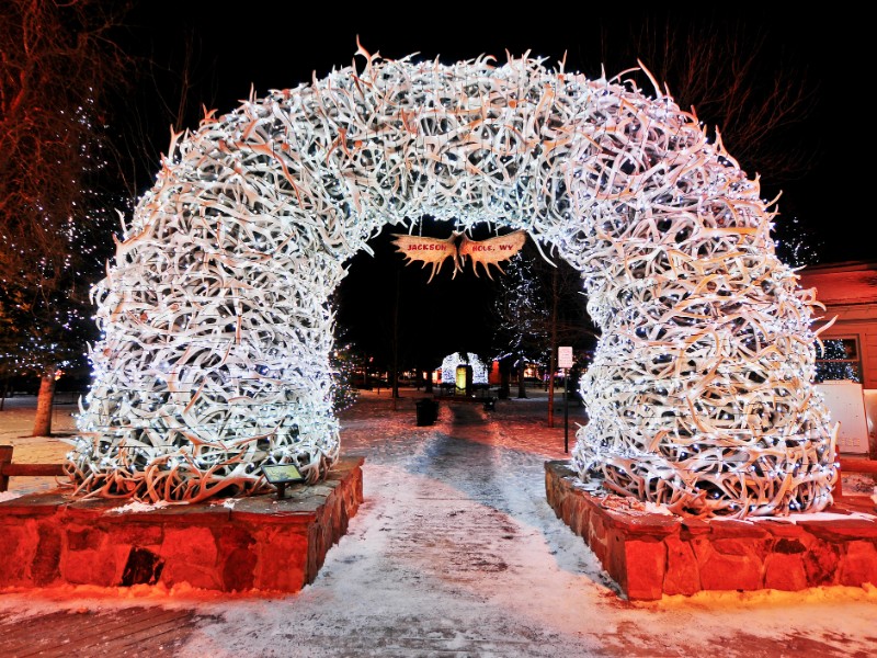 Antler Arches in Jackson, Wyoming at Christmas