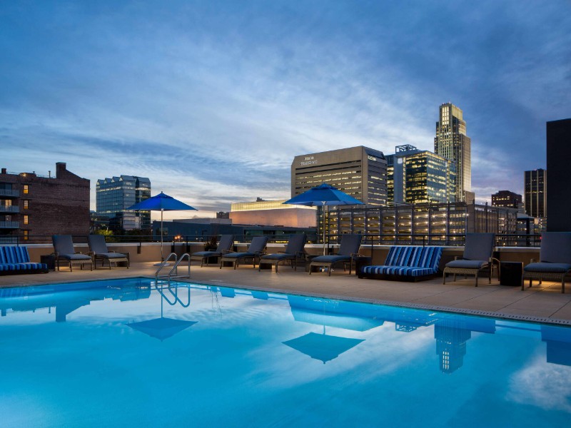 View of the pool and skyline at Omaha Marriott Downtown at the Capitol District