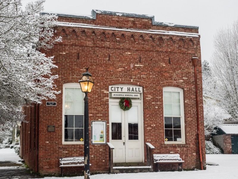 Historic city hall with snow, Jacksonville, Oregon