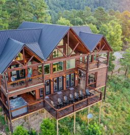 aerial view of a luxurious cabin in the woods