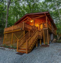 Stairs lead up to this elevated cabin hideaway in Georgia