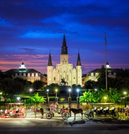 Jackson Square lit up at night