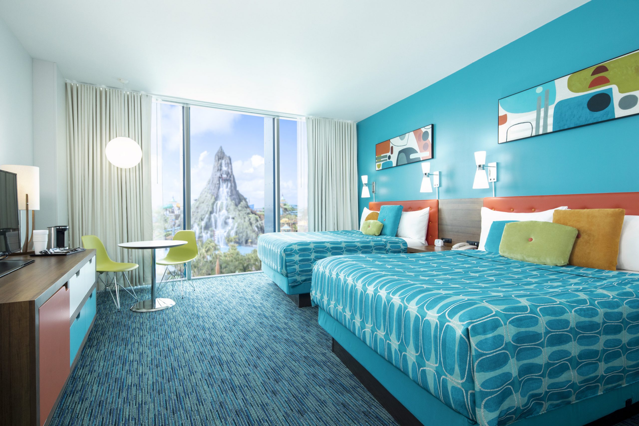 The rooms at Universal's Cabana Bay Beach Resort are bright and retro.