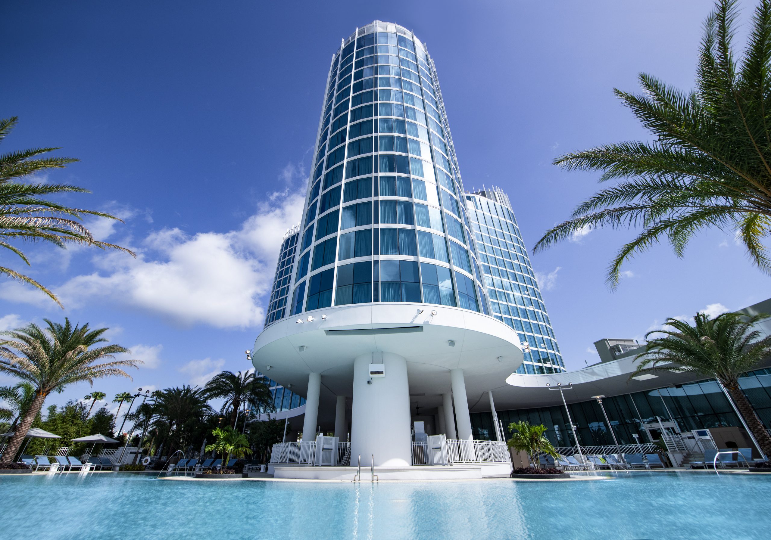 Some rooms at Universal's Aventura Hotel look out over the pool below.