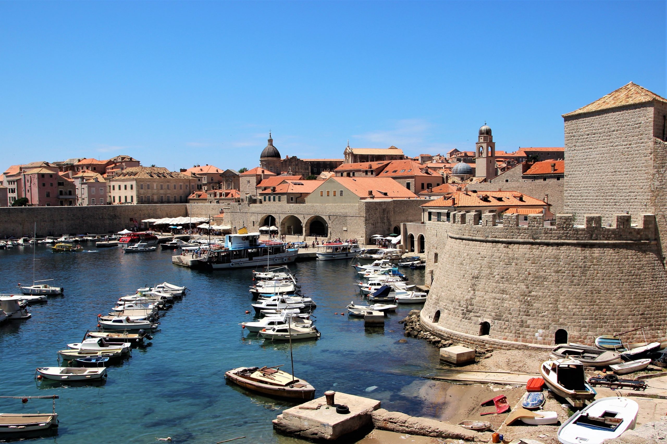 View of Old Town Dubrovnik from the side of the historic harbor