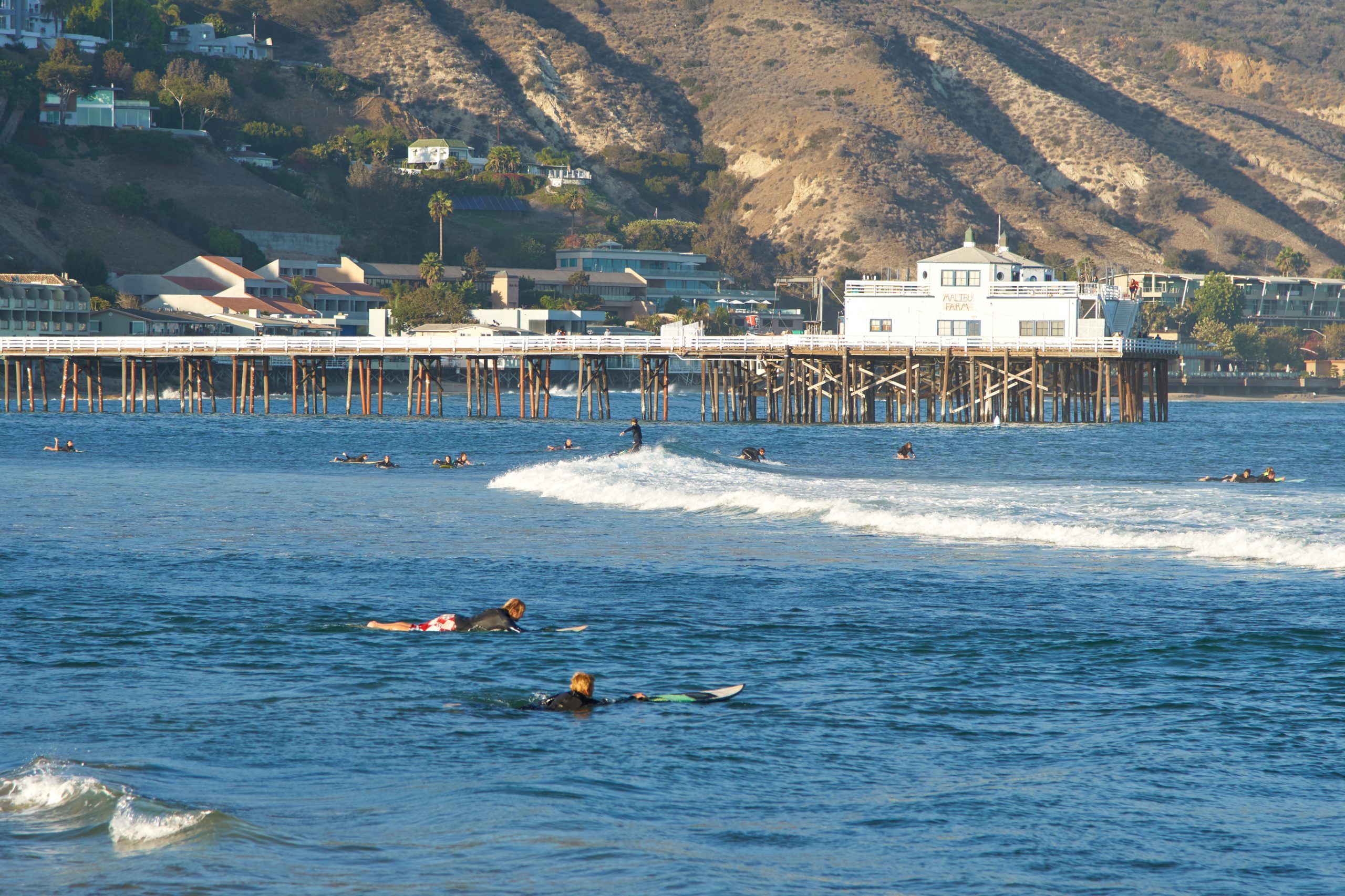 Surfing near the pier in Malibu