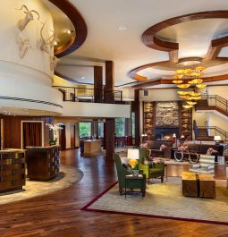 Elegant lobby with seating and high ceilings