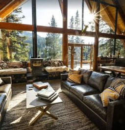 View out A-frame window into the forest