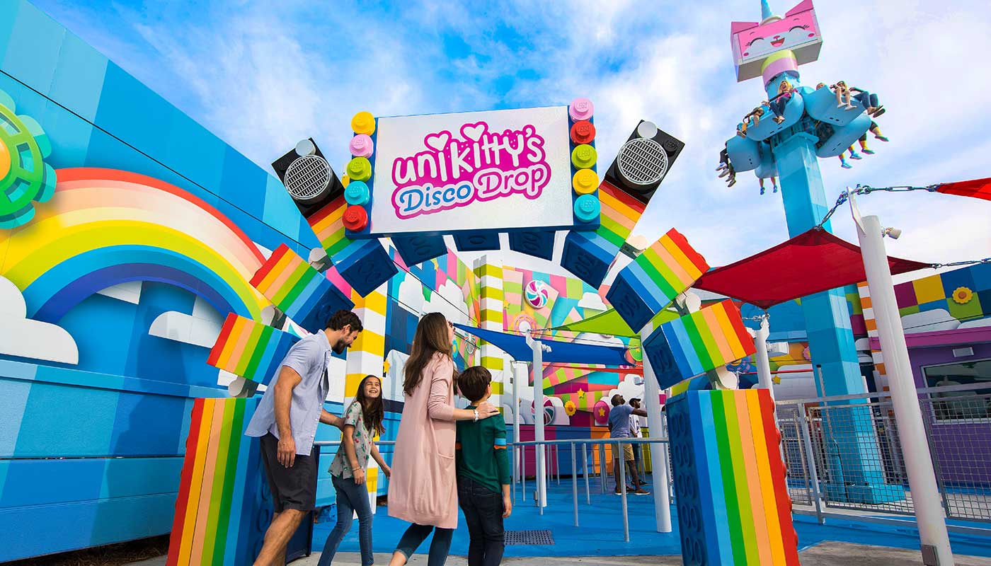 Unikitty's Disco Drop is gentler and more kid-friendly than bigger drop rides.