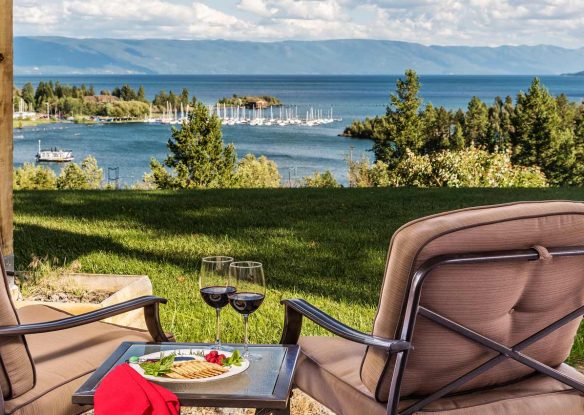 A lake view from the patio of a room at a Flathead Lake, Montana, bed and breakfast