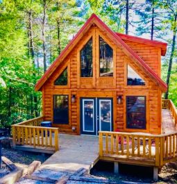 Front of cabin with deck