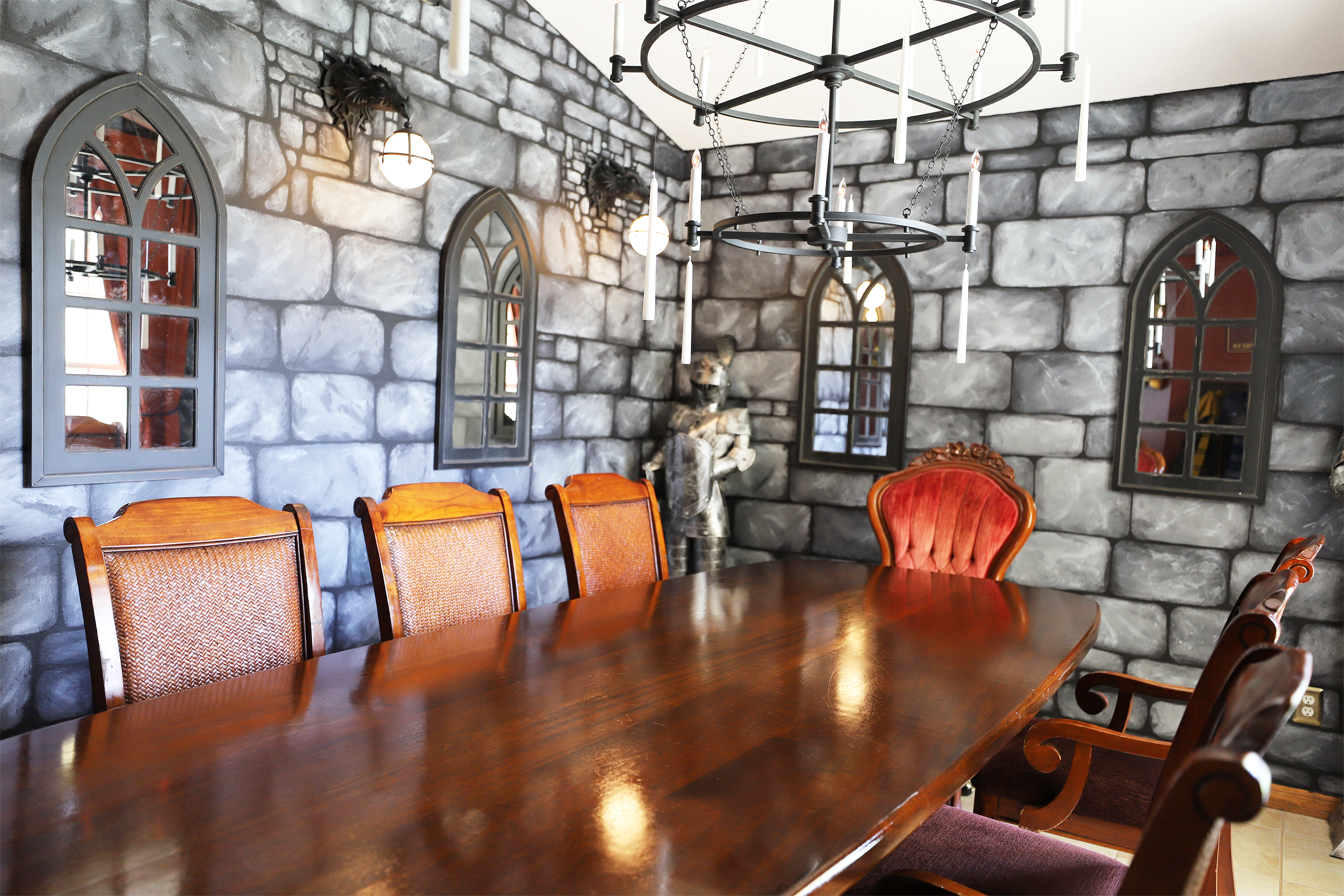 Wizard-themed stone wall dining room