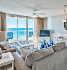 Living room furniture with ocean view from balcony