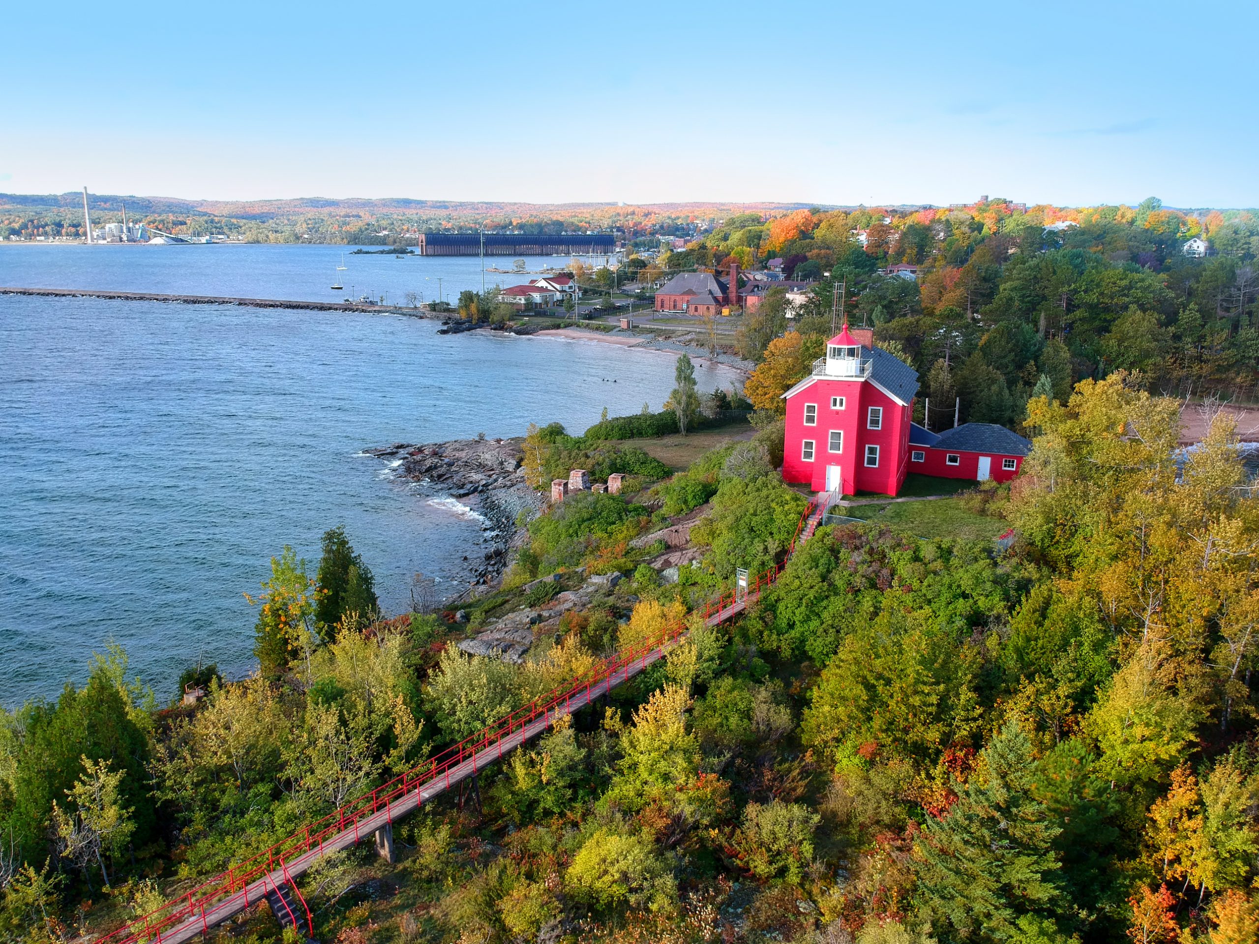 Aerial view of Historic Marquette harbor light house park in Michigan upper Peninsula