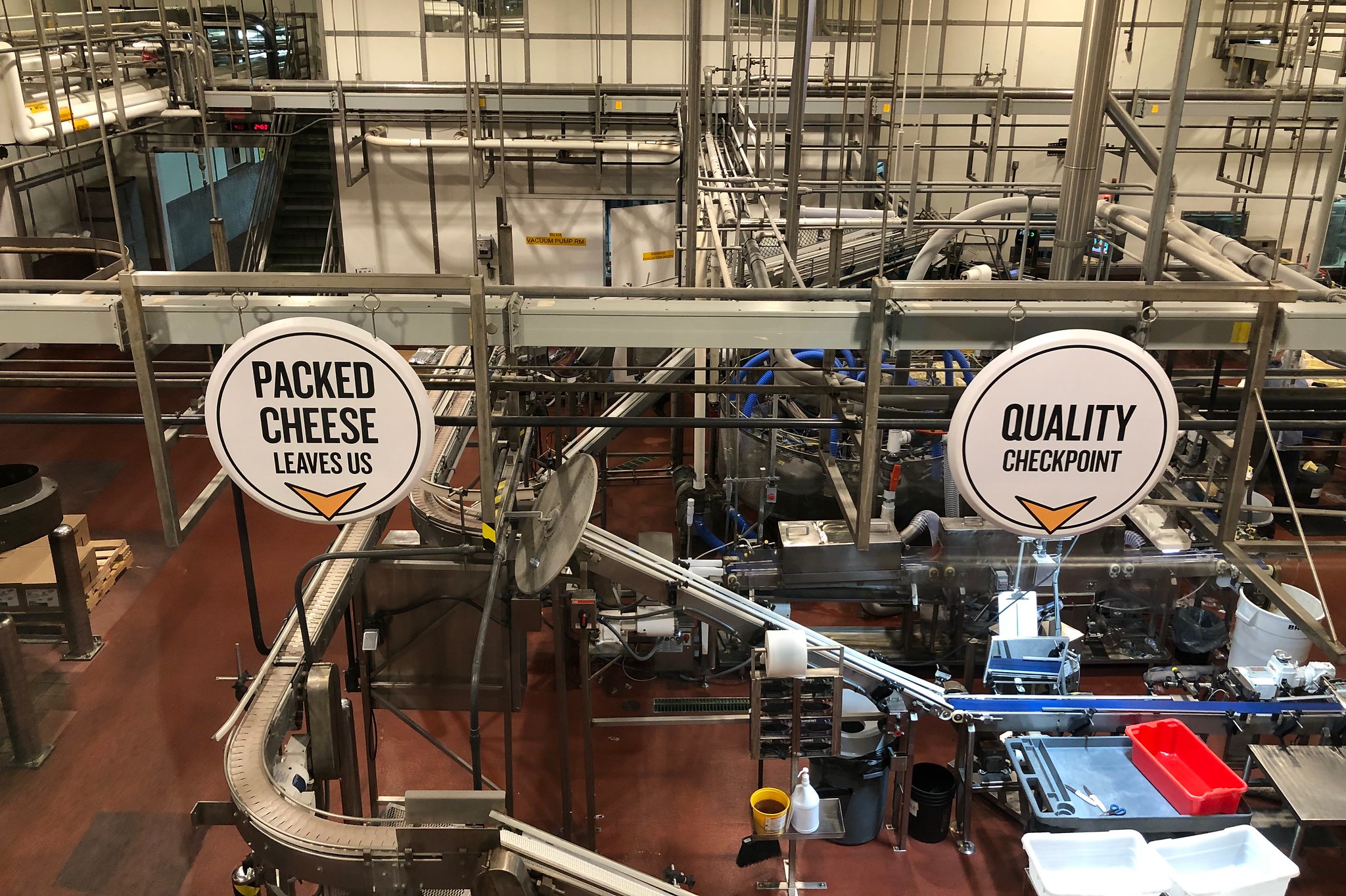 Large windows at the Tillamook Creamery allow guests to see dairy products as they're being made.