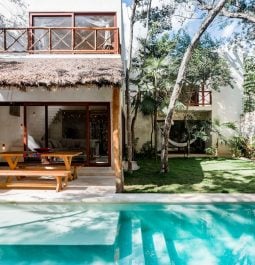 outdoor patio with pool and picnic table