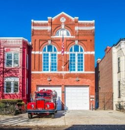 Exterior of building with firetruck