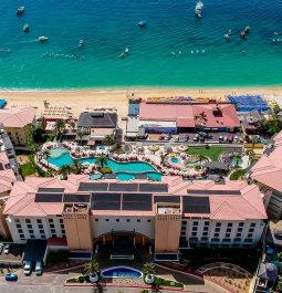 aerial view over Casa Dorada and beach