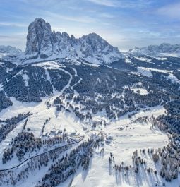 aerial view over snow-capped mountain landscape