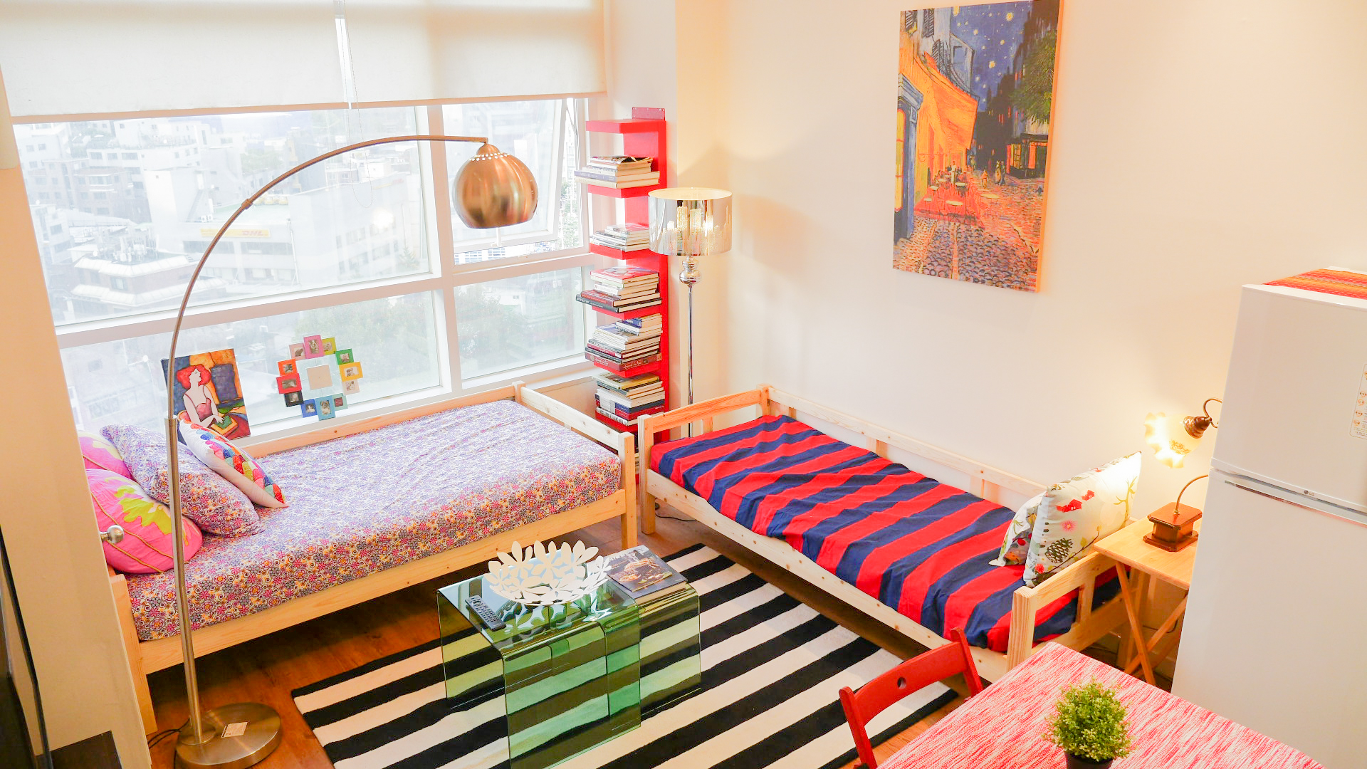 Colorful bedroom with striped furniture