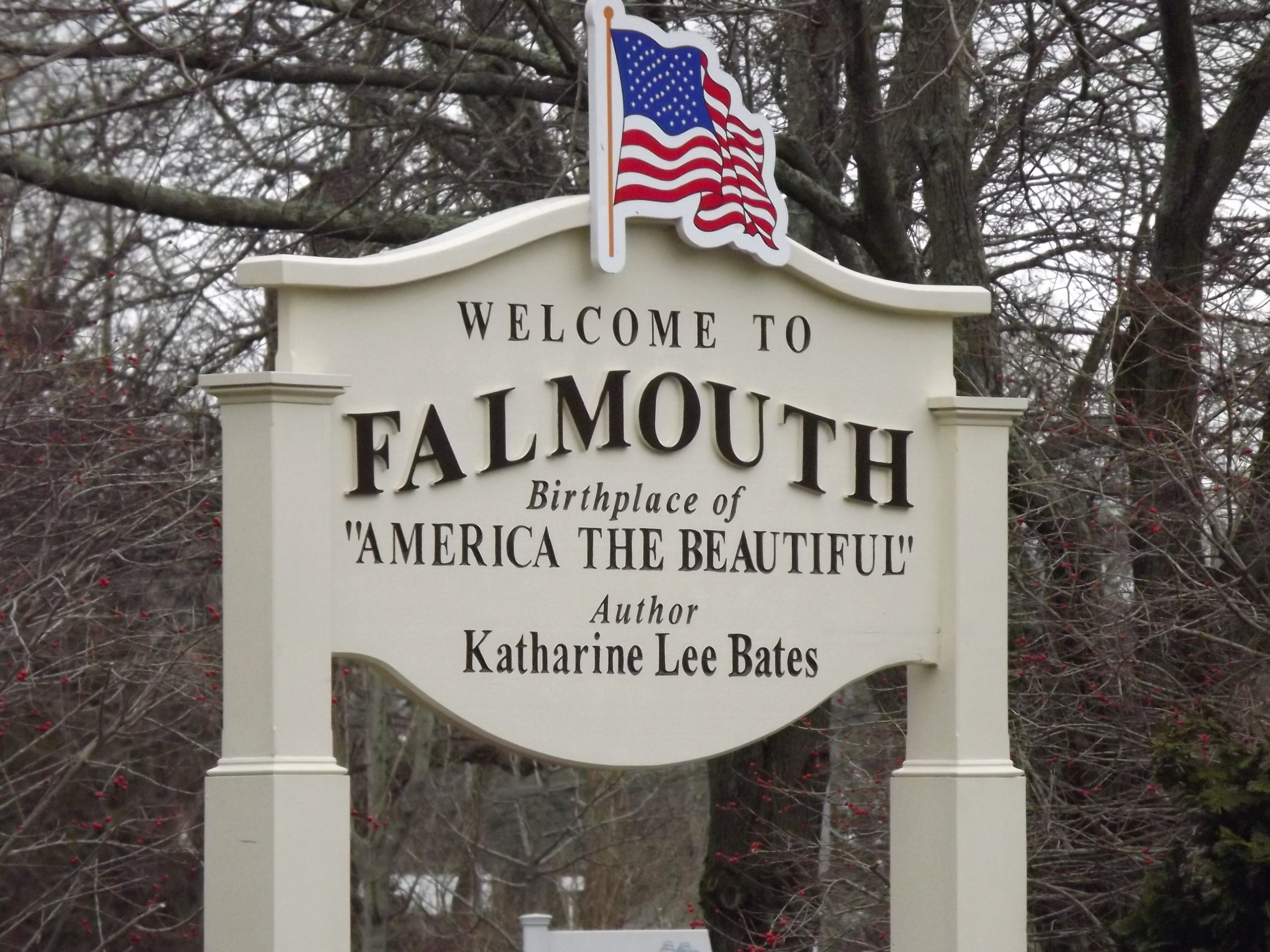 The sign that welcomes you into charming Falmouth, MA