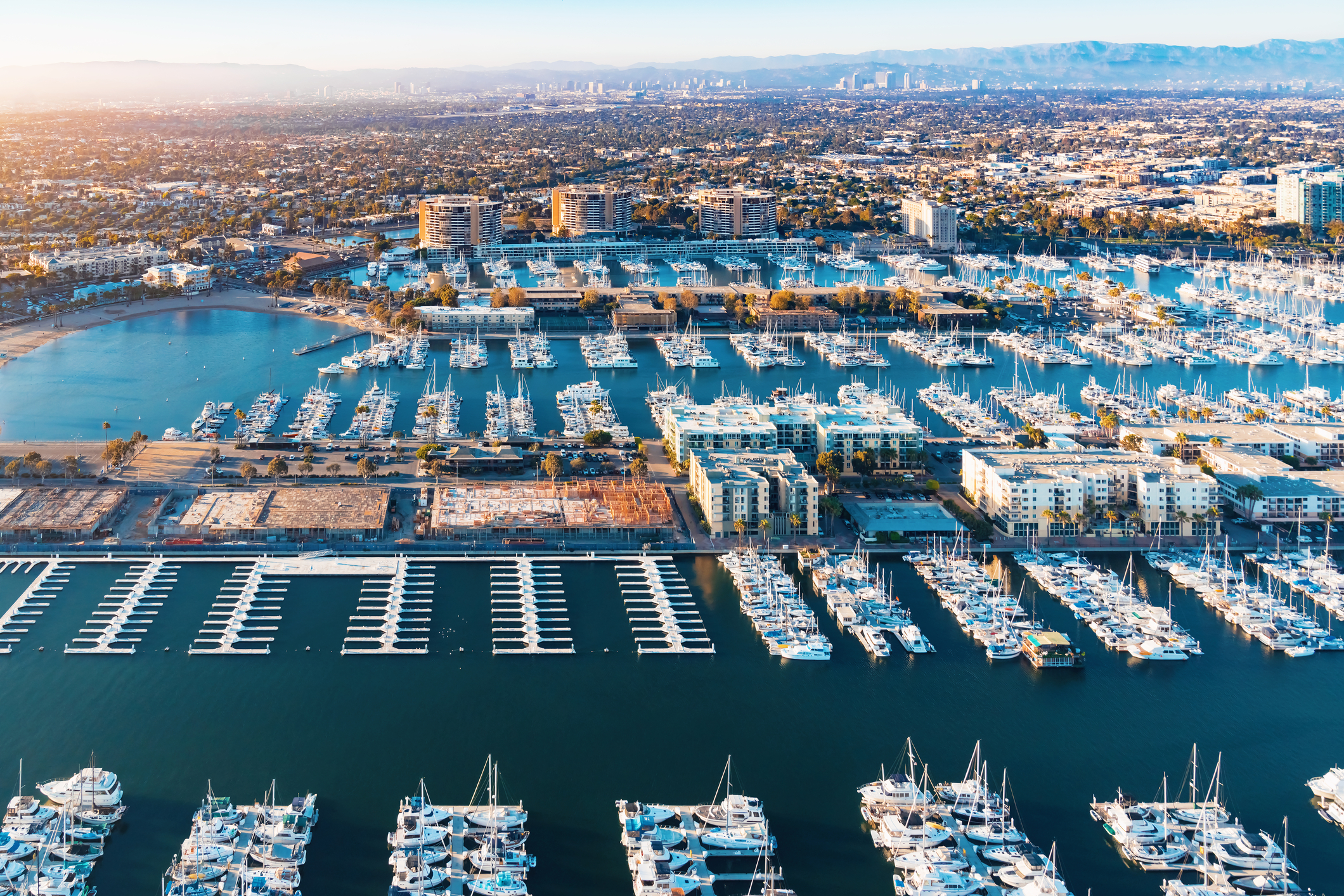 Aerial view of the Marina del Rey seaside community in Los Angeles