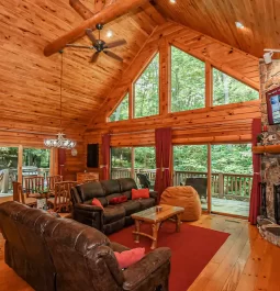 Cabin interior with A-frame window