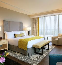 A bright hotel room with king bed