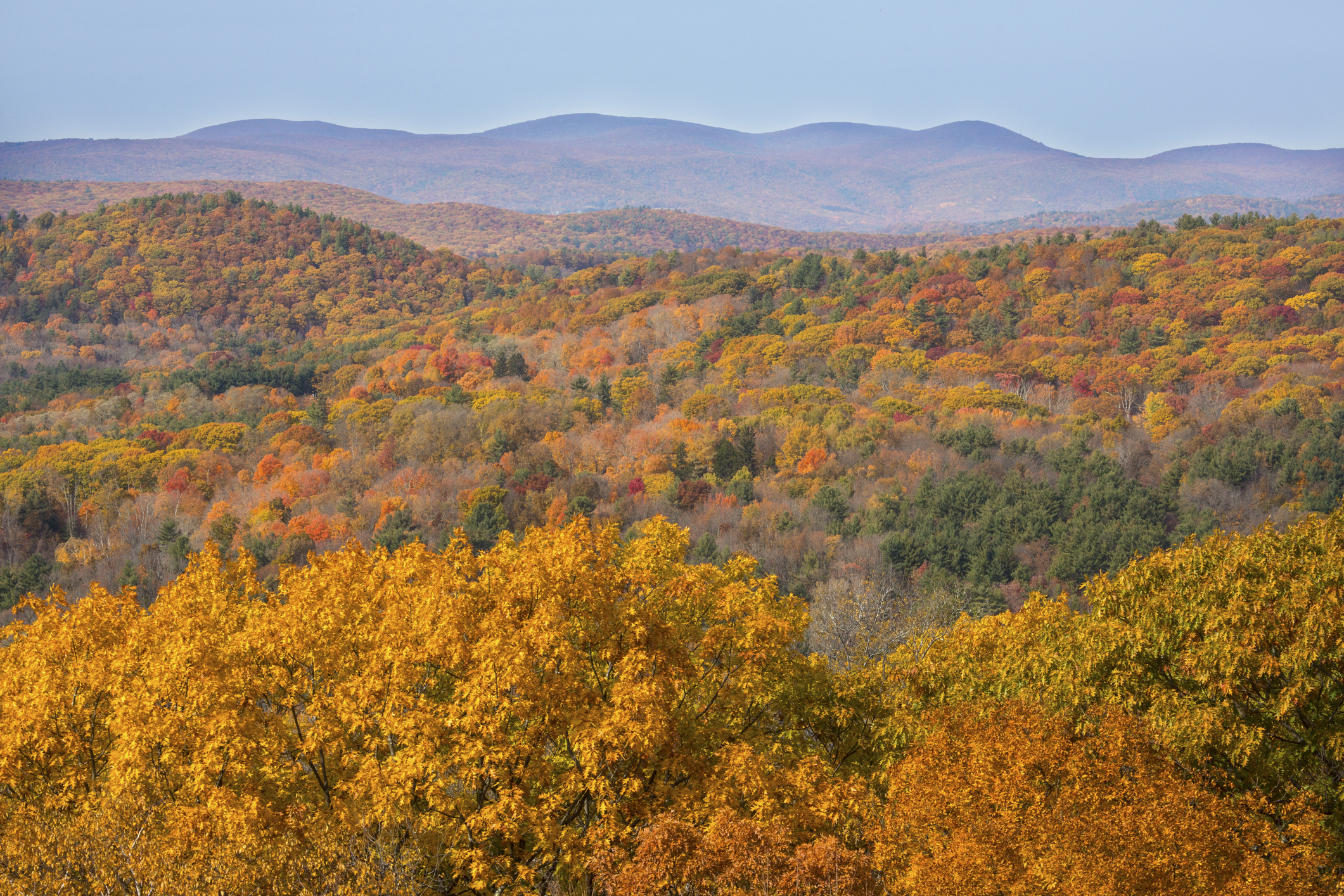 View from Mohawk Mountain in Cornwall, Connecticut, with fall foliage on the hillsides