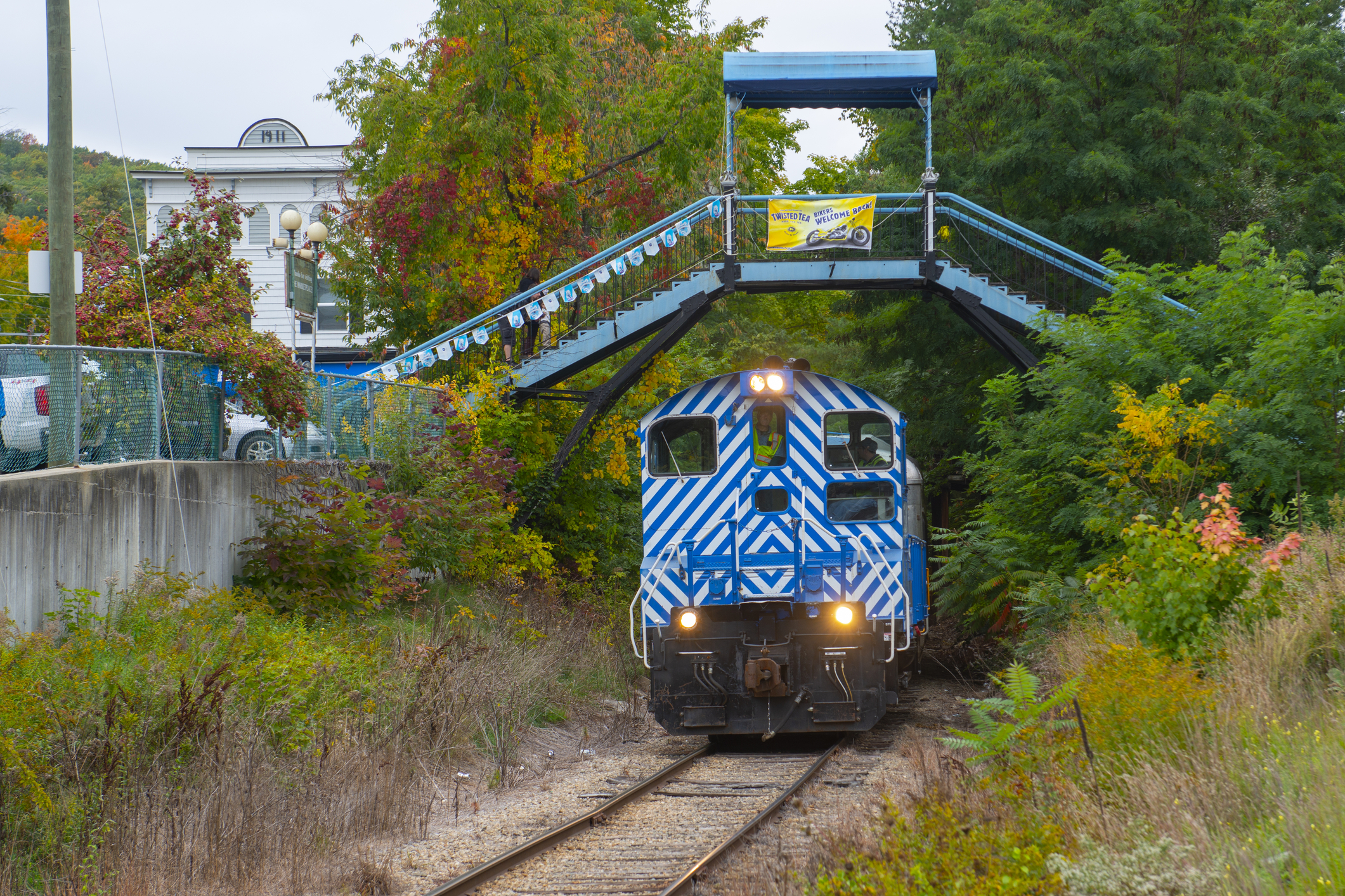 Winnipesaukee Scenic Railroad diesel locomotive at Weirs Beach station