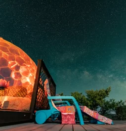 Illuminated dome home at night