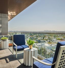 Hotel balcony with Downtown LA view