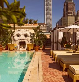 Rooftop pool with a head sculpture in DTLA