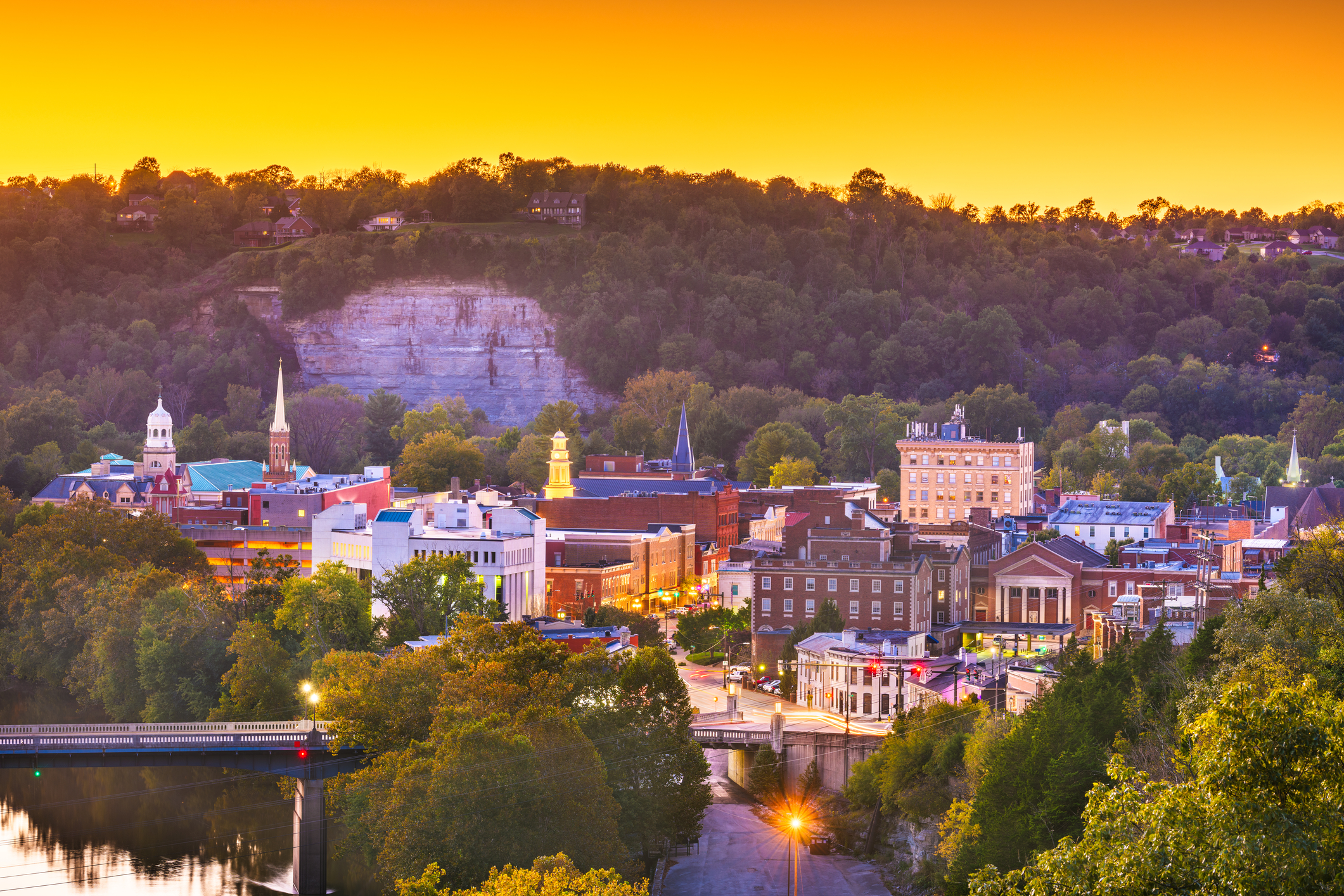 Frankfort skyline on the Kentucky River at dusk