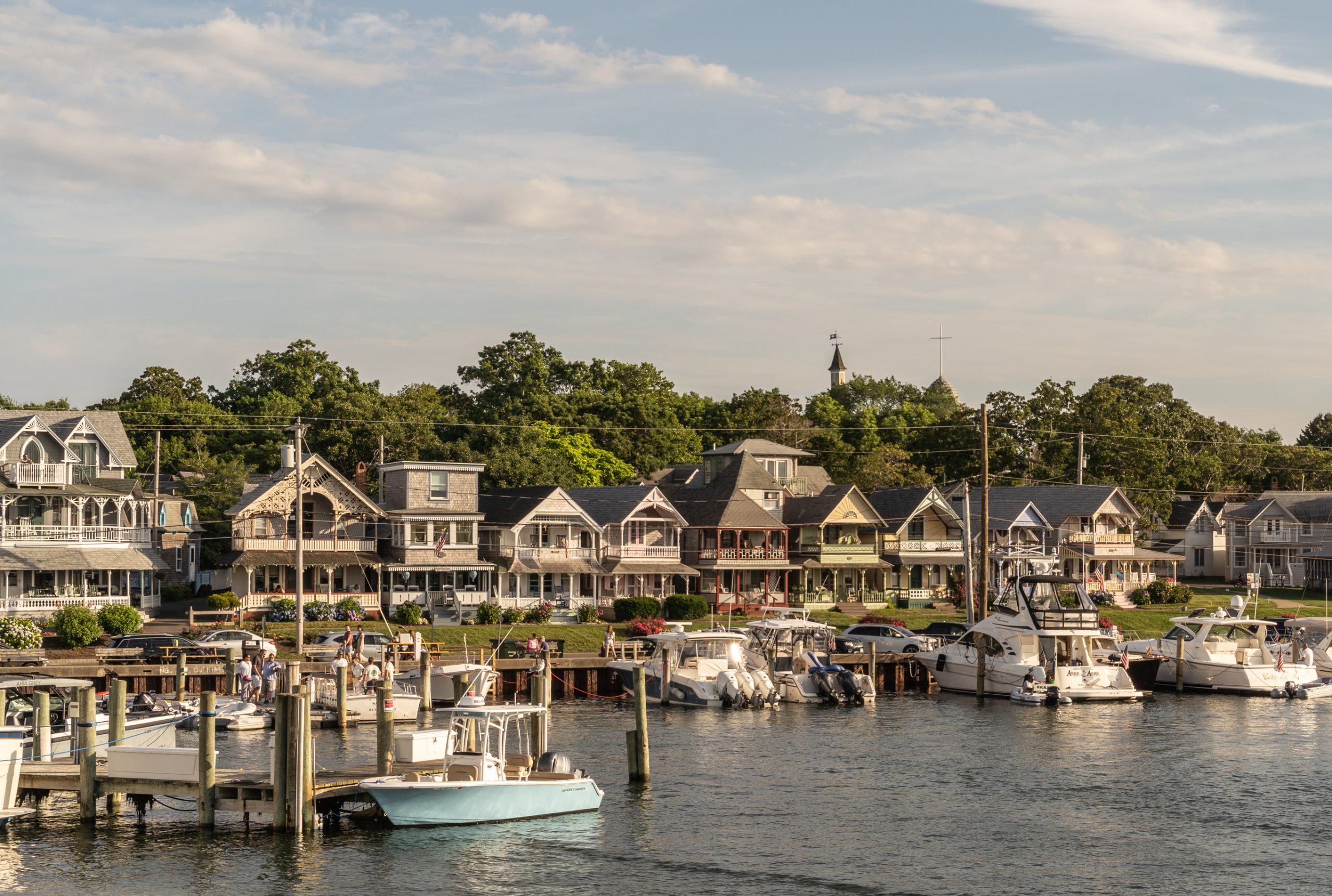 view of the harbor and famous gingerbread houses in Oaks Bluff, Martha's Vineyard