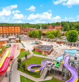 Aerial view of water park slides