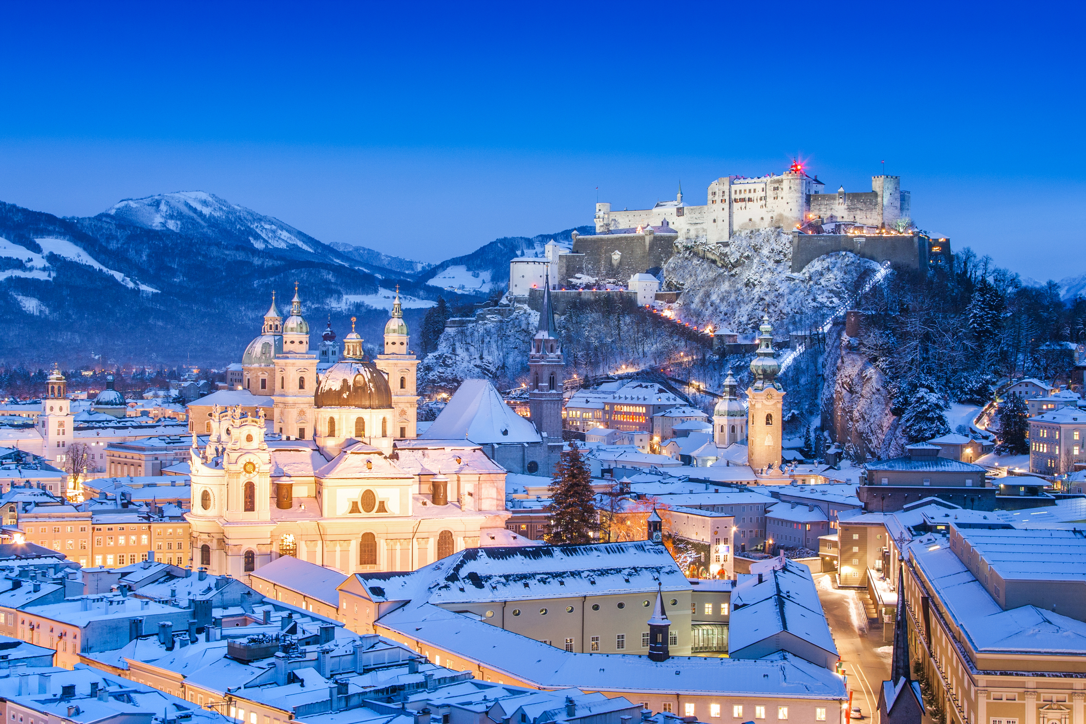 Salzburg skyline in winter as seen from Moenchsberg